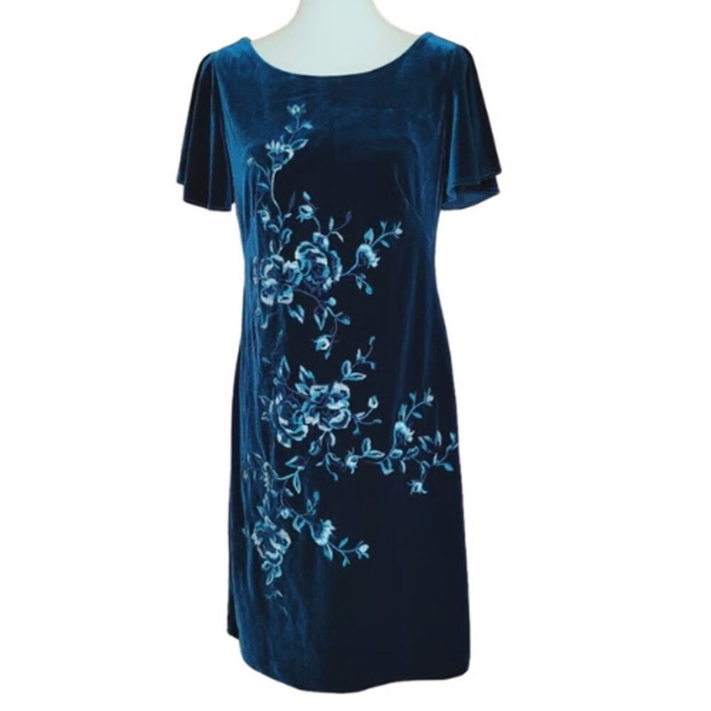 WHBM Blue Velvet Flutter Sleeve Embroidered Floral Dress EUC Size Small - Picture 3 of 4